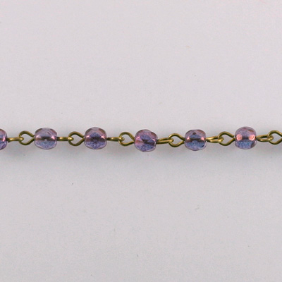 Linked Bead Chain Rosary Style with Glass Fire Polish Bead - Round 4MM PURPLE-Brass