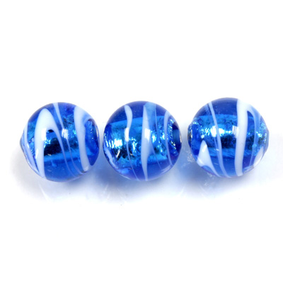 Czech Glass Lampwork Bead - Round 12MM AQUA WHITE SWIRL SILVER LINE 60252