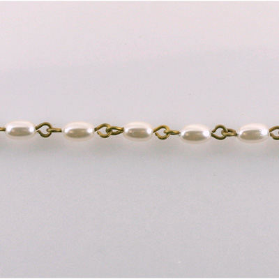 Linked Bead Chain Rosary Style with Glass Pear Bead - Oval 6MM WHITE-Brass