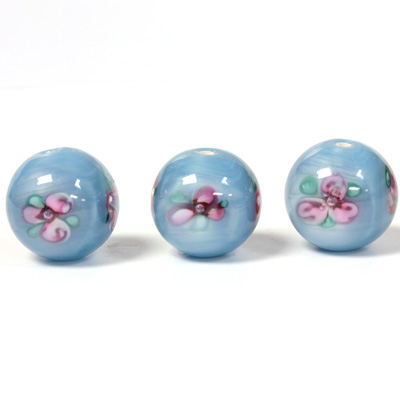 Czech Glass Lampwork Bead - Smooth Round 12MM Flower PINK ON AQUA (60151)