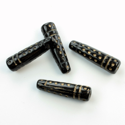 Czech Pressed Glass Engraved Bead - Oblong 23x7MM GOLD ON JET