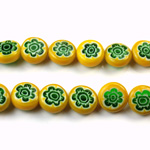 Glass Millefiori Bead - Flat Round 10x4MM YELLOW EMERALD WHITE (18)