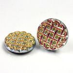 Glass Flat Back Engraved Button Top - Round Basket Weave 22.5MM GOLD BLUE COATED