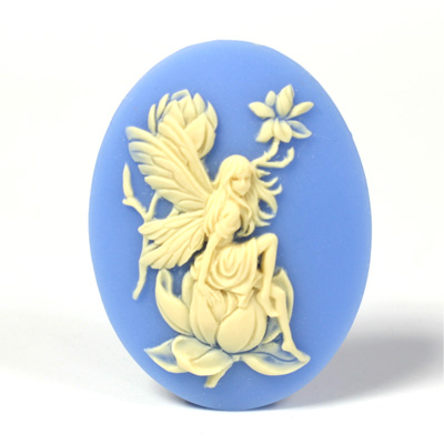 Plastic Cameo - Fairy Sitting on Magnolia Oval 40x30MM IVORY ON BLUE