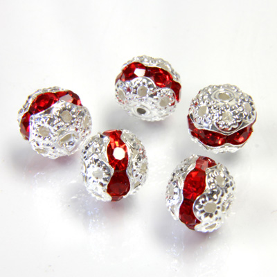 Filigree Rhinestone Ball with Center Line Crystals - 08MM LT SIAM RUBY-SILVER