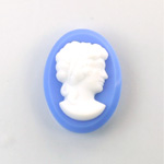 Glass Cameo Woman's Head - Oval 30x22MM WHITE ON BLUE