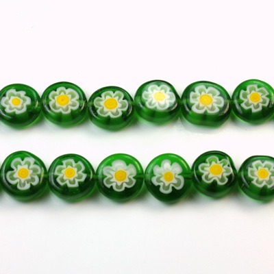 Glass Millefiori Bead - Flat Round 08x4MM GREEN WHITE YELLOW (14)