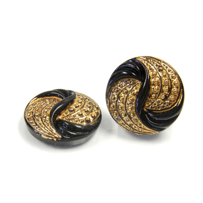 Glass Flat Back Engraved Button Top - Round Swirl 18MM GOLD on JET