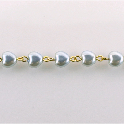 Linked Bead Chain Rosary Style -with Glass Pearl Smooth Bead - Heart 6MM BLUE-GOLD
