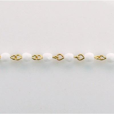 Linked Bead Chain Rosary Style with Glass Fire Polish Bead - Round 4MM CHALKWHITE-GOLD