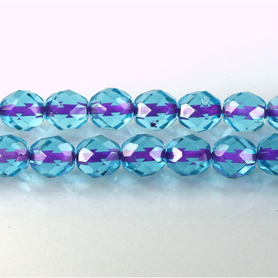 Czech Glass Fire Polish Bead - Round 08MM AQUA PURPLE LINE