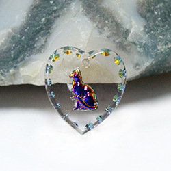 German Glass Engraved Buff Top Intaglio Pendant - CAT Sitting Heart 15x14MM CRYSTAL HELIO BLUE