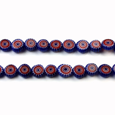 Glass Millefiori Bead - Flat Round 06x3MM BLUE WHITE RED (32)