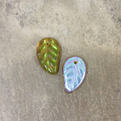 Czech Pressed Glass Engraved Pendant - Leaf 14x9MM OLIVINE AB