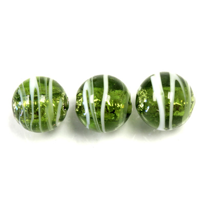 Czech Glass Lampwork Bead - Round 12MM OLIVENE WHITE SWIRL SILVER LINE 50447