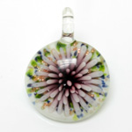 Glass Lampwork Pendant - 33mm Round Flower PURPLE with MULTI COLORED on WHITE
