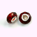 Glass Faceted Bead with Large Hole Silver Plated Center - Round 14x9MM SIAM RUBY