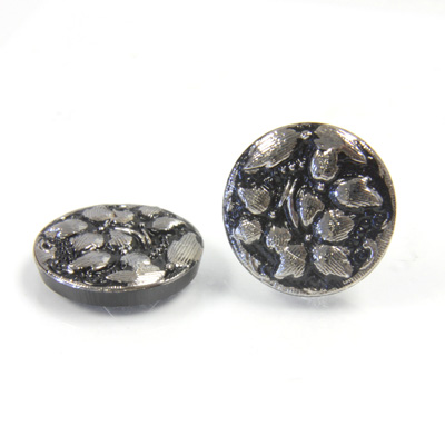 Glass Flat Back Engraved Button Top - Round Leaves 18MM SILVER on JET