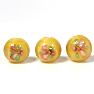 Czech Glass Lampwork Bead - Smooth Round 12MM Flower PINK ON YELLOW (00053)