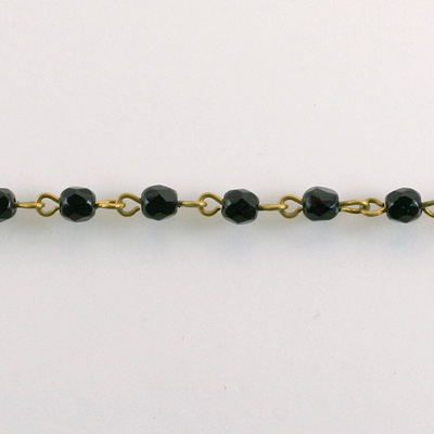 Linked Bead Chain Rosary Style with Glass Fire Polish Bead - Round 4MM JET-Brass