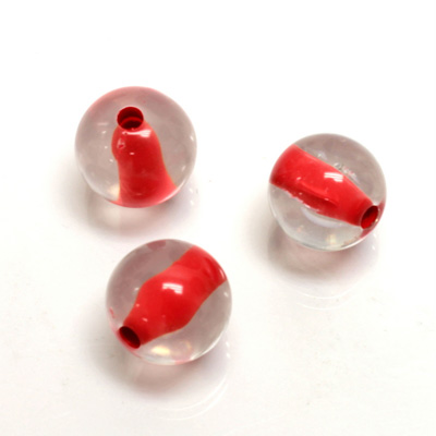 Plastic Bead - Color Lined Smooth Large Hole - Round 14MM CRYSTAL RED LINE