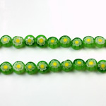 Glass Millefiori Bead - Flat Round 06x3MM GREEN WHITE YELLOW (14)