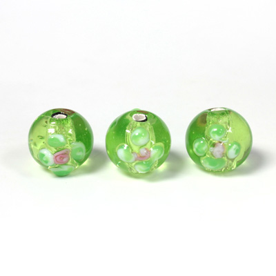 Czech Glass Lampwork Bead - Round 10MM Flower ON OLIVE with SILVER FOIL