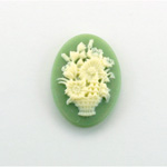 Plastic Cameo - Flower Basket Oval 25x18MM IVORY ON GREEN