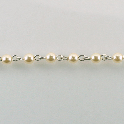 Linked Bead Chain Rosary Style with Glass Pearl Bead - Round 4MM WHITE-SILVER