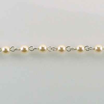 Linked Bead Chain Rosary Style with Glass Pearl Bead - Round 4MM WHITE-SILVER