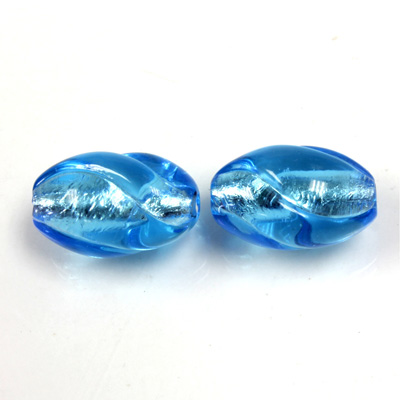 Czech Glass Lampwork Bead - Oval Twist 18x11MM AQUA SILVER LINE 6005