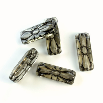 Czech Pressed Glass Engraved Bead - Cushion 20x8MM BLACK ON BLACK DIAMOND