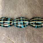 Czech Pressed Glass Bead - Ribbed Melon Oval 17x11MM GOLD on BLUE TORTOISE