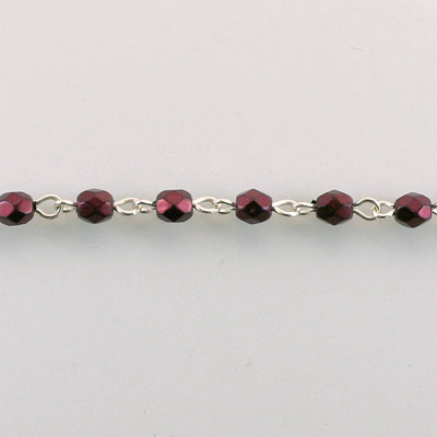 Linked Bead Chain Rosary Style with Glass Fire Polish Bead - Round 4MM GARNET PEARL-SILVER