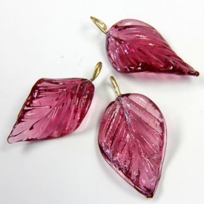 Glass Pendant Leaf with Brass Loop 24x14MM ROSE