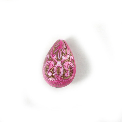 Plastic Engraved Bead - Pear 19x13MM GOLD on PINK