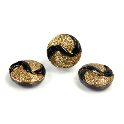 Glass Flat Back Engraved Button Top - Round Swirl 13.5MM GOLD on JET