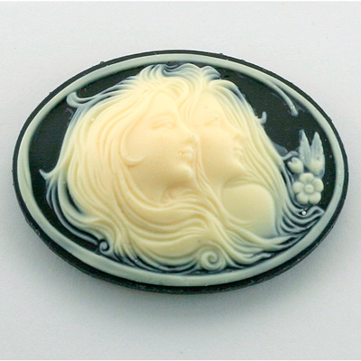 Plastic Cameo - Double Heads Oval 40x30MM IVORY ON BLACK
