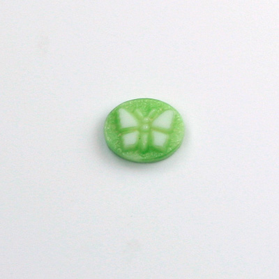German Glass Cameo Butterfly Oval 10x8MM WHITE ON GREEN