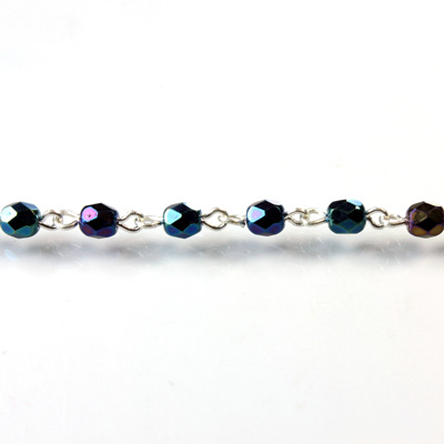 Linked Bead Chain Rosary Style with Glass Fire Polish Bead - Round 4MM IRIS BLUE-SILVER
