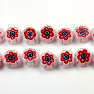 Glass Millefiori Bead - Flat Round 10x4MM WHITE RED BLUE (03)