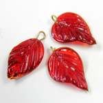 Glass Pendant Leaf with Brass Loop 24x14MM RUBY