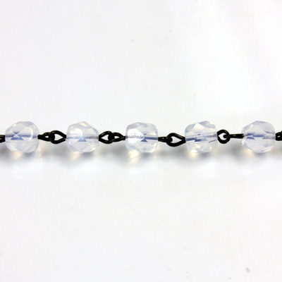 Linked Bead Chain Rosary Style with Glass Fire Polish Bead - Round 6MM WHITE OPAL-JET