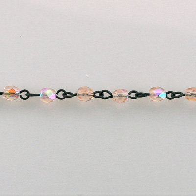 Linked Bead Chain Rosary Style with Glass Fire Polish Bead - Round 4MM ROSALINE AB-JET