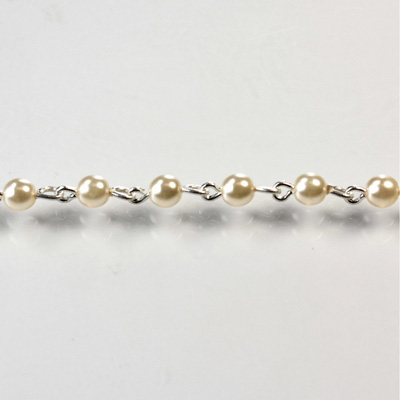 Linked Bead Chain Rosary Style with Glass Pearl Bead - Round 4MM CREAM-SILVER