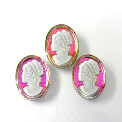 Glass Crystal Painting with Carved Intaglio Woman's Head - Oval 18x13MM WHITE ON VITRAIL MEDIUM