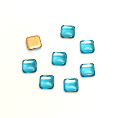 Glass Low Dome Foiled Cabochon - Square Antique 06x6MM AQUA