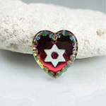 German Glass Engraved Buff Top Intaglio Pendant - STAR OF DAVID Heart Shape 15x14MM HELIO RED WHITE