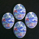 German Plastic Porcelain Decal Painting - Pagoda Scene Oval 40x30MM ON CHALKWHITE BASE