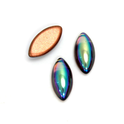 Glass Medium Dome Foiled Cabochon - Navette 15x7MM BLACK DIAMOND AB